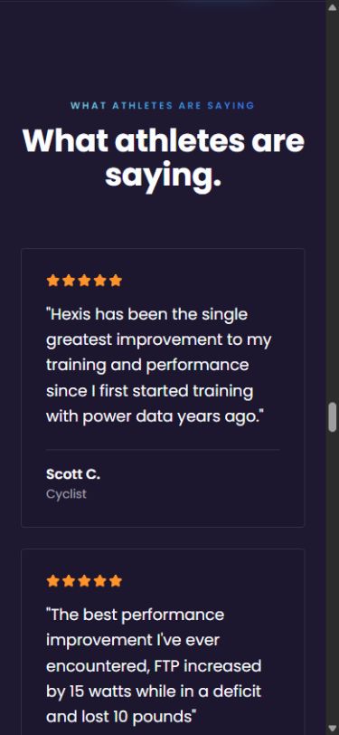 Hexis athlete testimonial section beginning with testimonial cards labelled Cyclist.