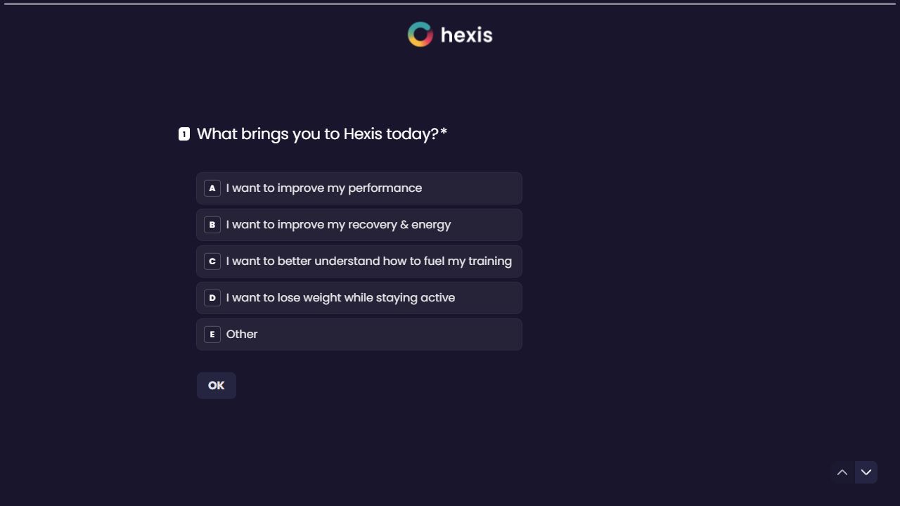 Hexis signup first question after Start; its accessible form label reports Question 1 of 14.