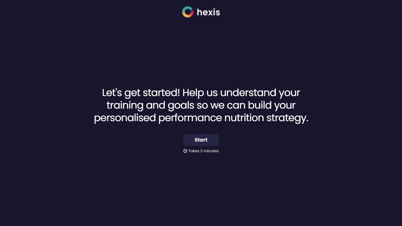 Hexis signup welcome showing a Start button and the estimate Takes 2 minutes.